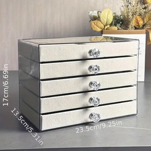 5 Drawer Beige Velvet Jewelry Box