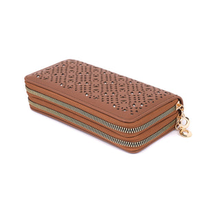 Ladies Double Zippered Wallet Purse - Brown & Gold (BP898)