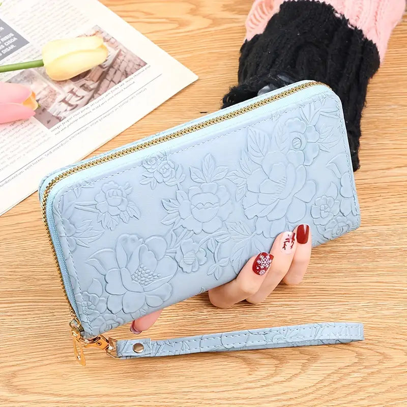 Ladies Wallet Purse - Floral Embossed - Blue