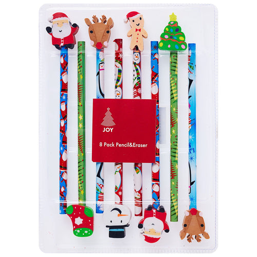 Christmas Pencil and Eraser 8 Pack