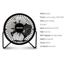 Load image into Gallery viewer, Heller 10cm High Velocity Mini Metal Fan with USB - Black