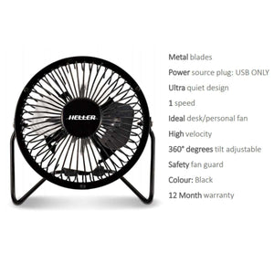 Heller 10cm High Velocity Mini Metal Fan with USB - Black