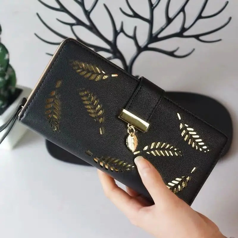 Ladies Wallet Purse - Black & Gold Leaf