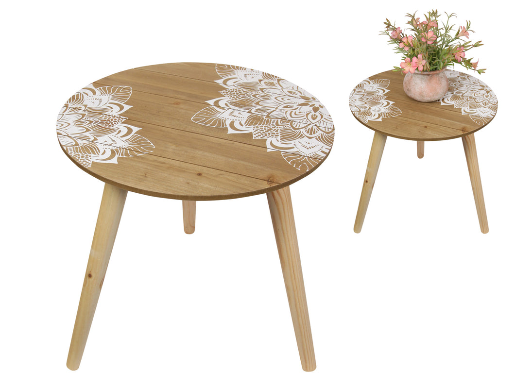 40cm Round Boho White Mandala Wooden Table