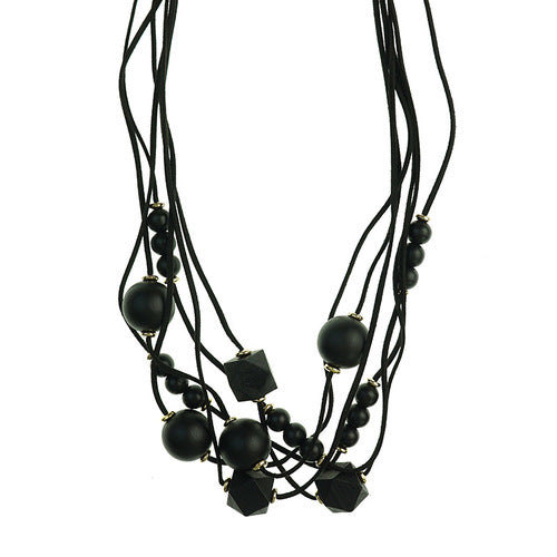 IVYS 6 Strand Leather & Wood Bead Necklace - Black