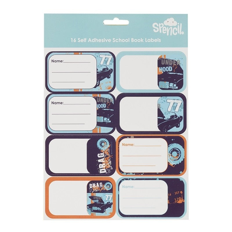 Spencil - 16 Self Adhesive School Book Labels - Drag Racer