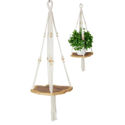 80cm Long Macrame Pot Hanger with Timber Base Shelf