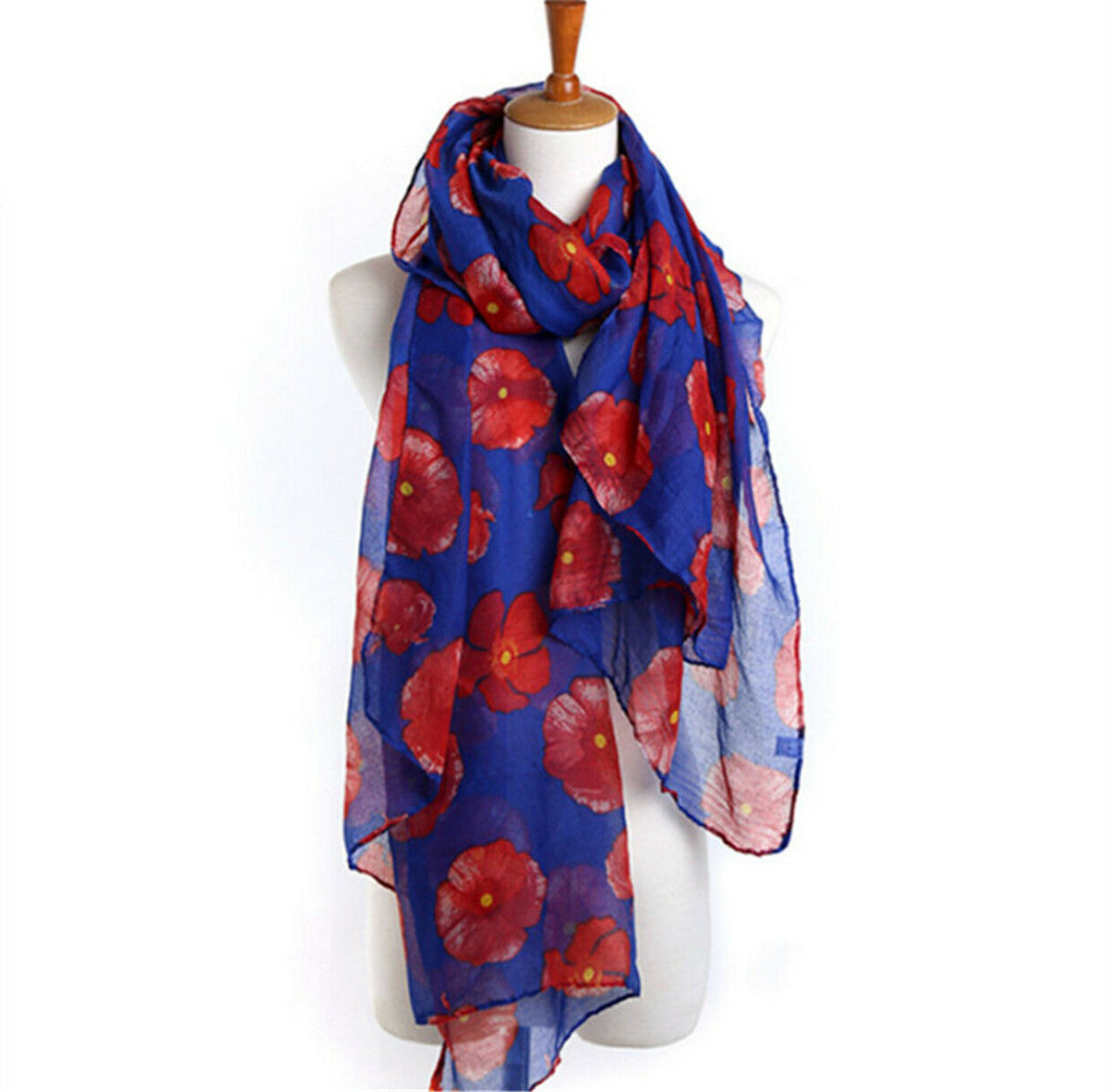 Poppy Print Scarf/Shawl - Royal Blue