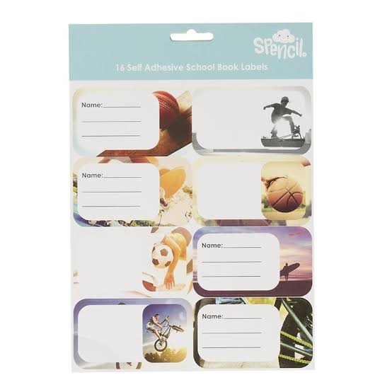 Spencil - 16 Self Adhesive School Book Labels - Sports Collage