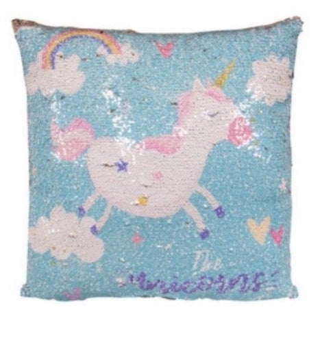 Unicorn Brushed Sequined Decorative Cushion 40cm x 40cm - Blue